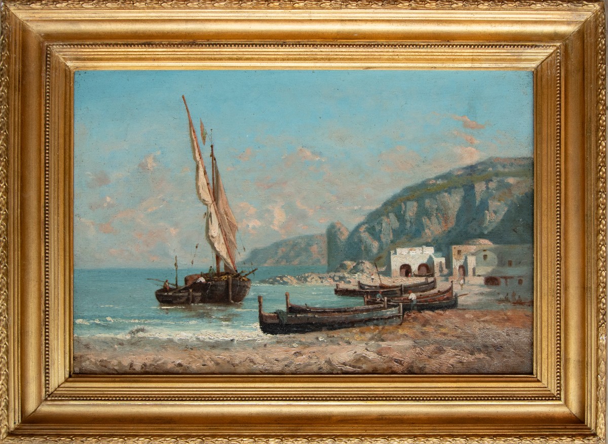 Antoine Ponthus-cinier (1812-1885), The Rock Seen From The Beach Of Capri (faraglioni)
