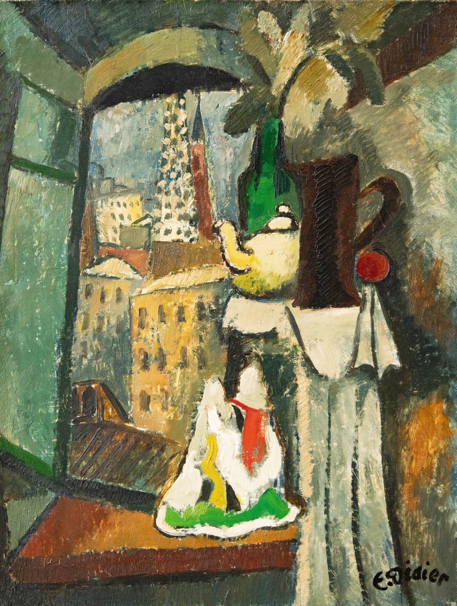Emile Didier (1890–1965), Still Life In Front Of A Window, Saint Nizier In The Background