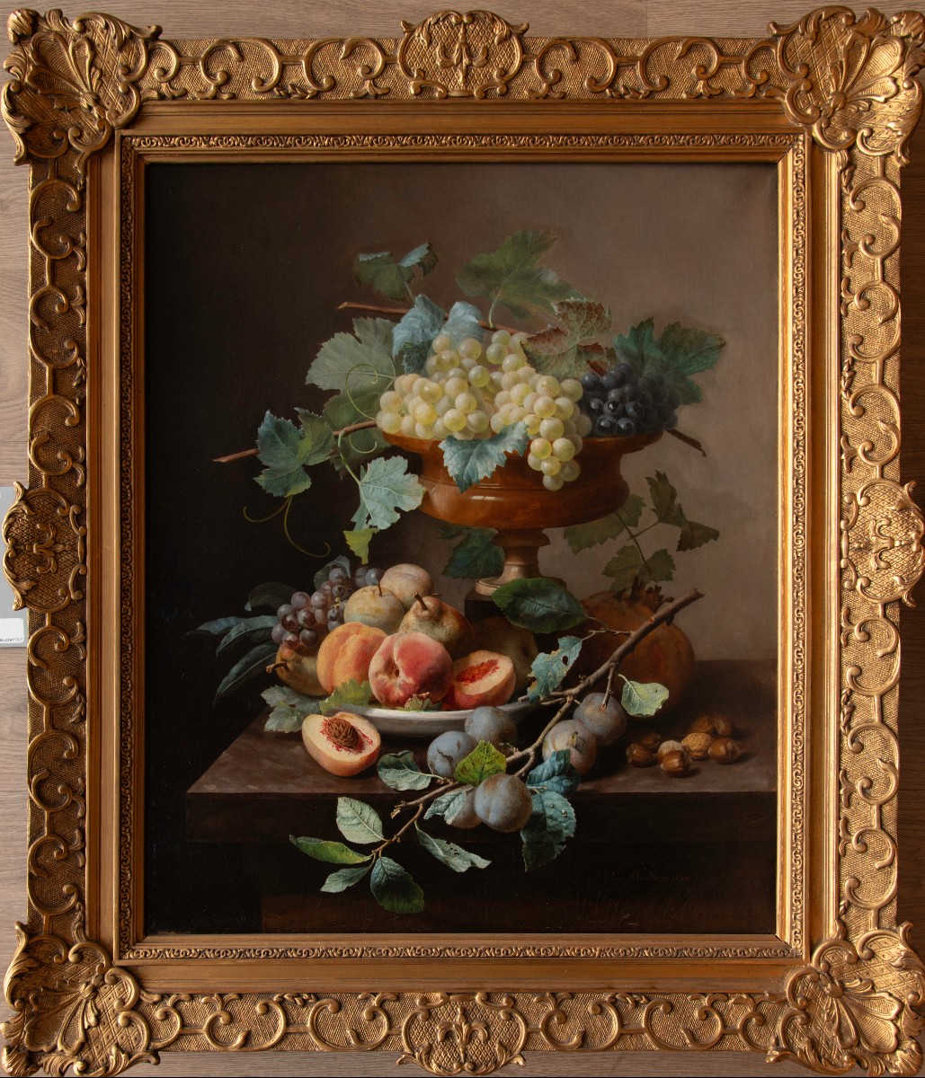 Jean-Louis BONTHOUX (1828-1875 ),Nature morte à la grenade, pêches, poires, prunes, raisins,...-photo-2
