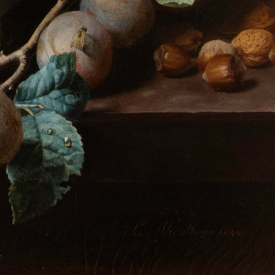 Jean-Louis BONTHOUX (1828-1875 ),Nature morte à la grenade, pêches, poires, prunes, raisins,...-photo-2
