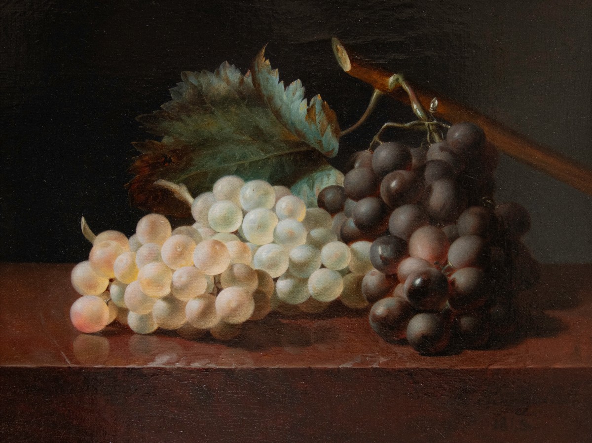 Jean-Baptiste GALLET (1820 – 1848), Nature morte aux raisins sur un entablement en marbre