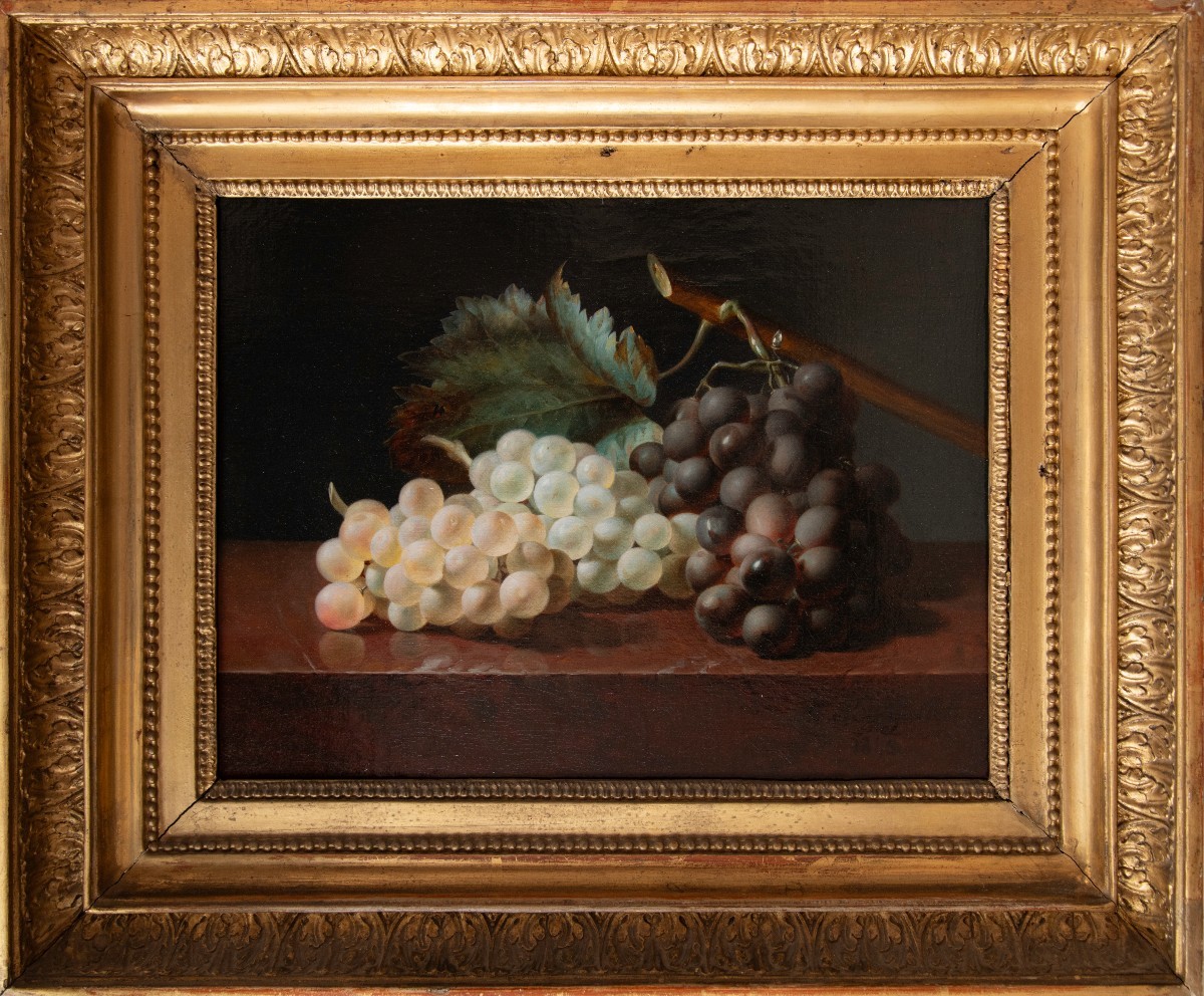 Jean-baptiste Gallet (1820 – 1848), Still Life With Grapes On A Marble Entablature