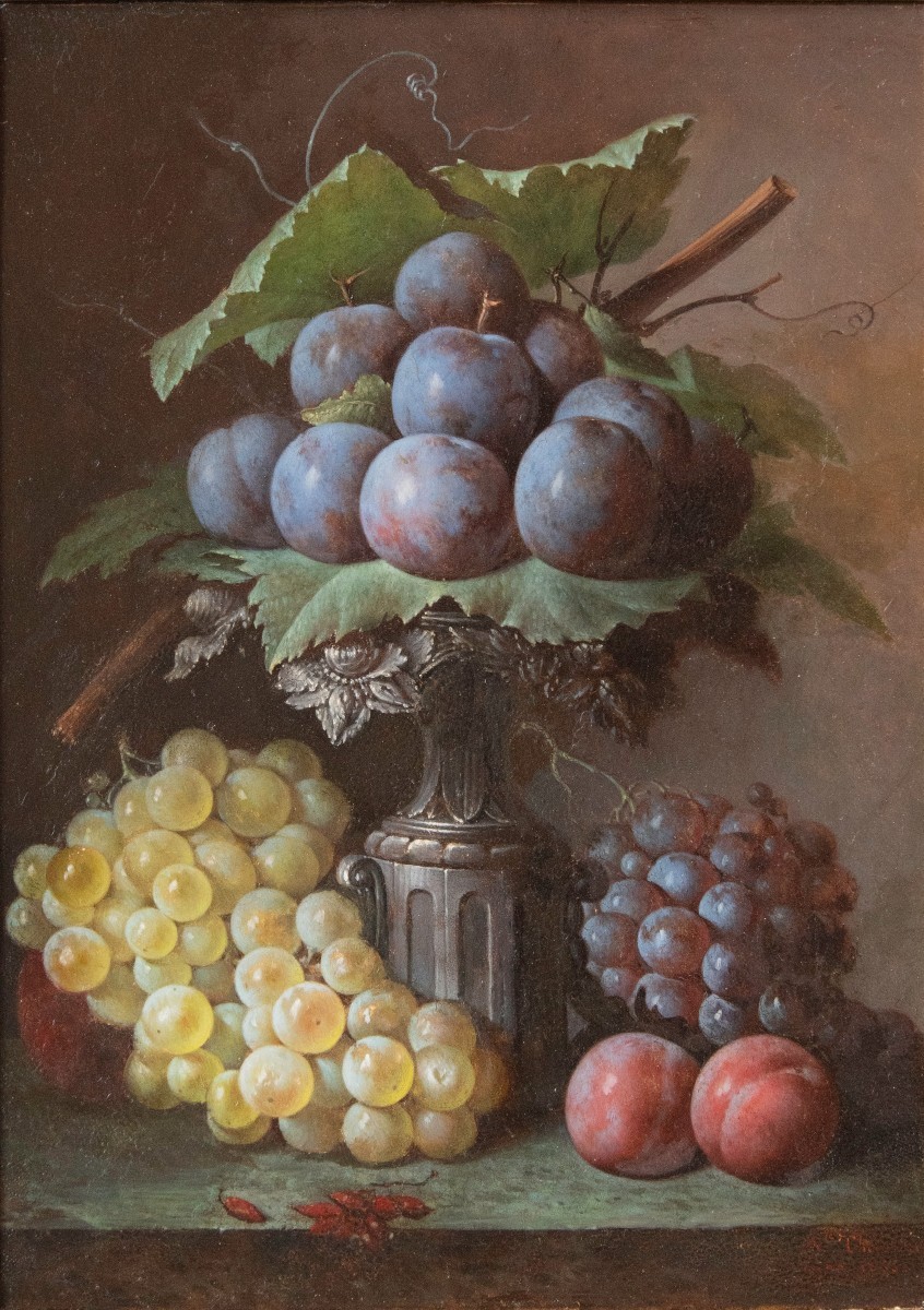 Augustin Alexandre THIERRIAT (1789 - 1870), Nature morte aux raisins et aux prunes, 1866-photo-2