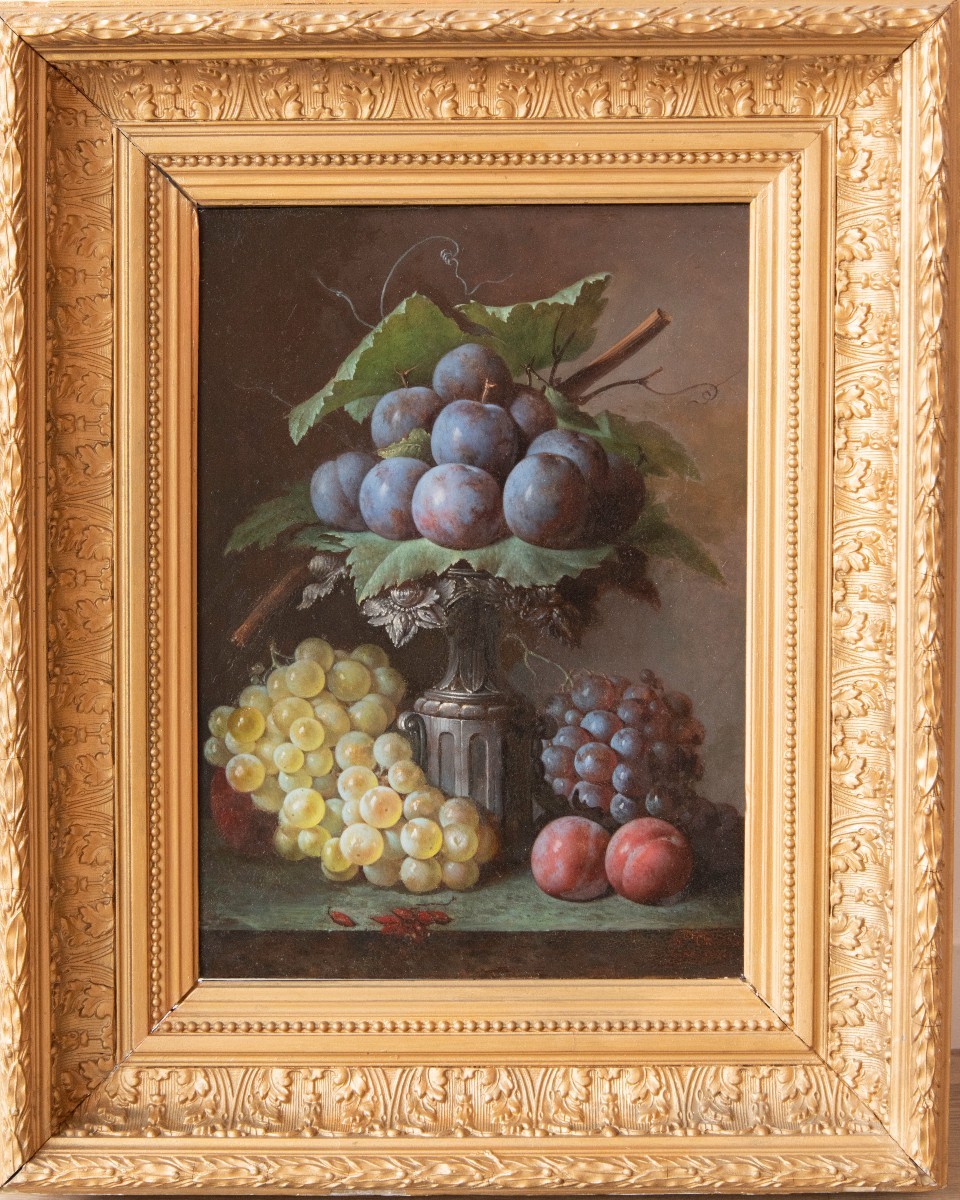 Augustin Alexandre THIERRIAT (1789 - 1870), Nature morte aux raisins et aux prunes, 1866