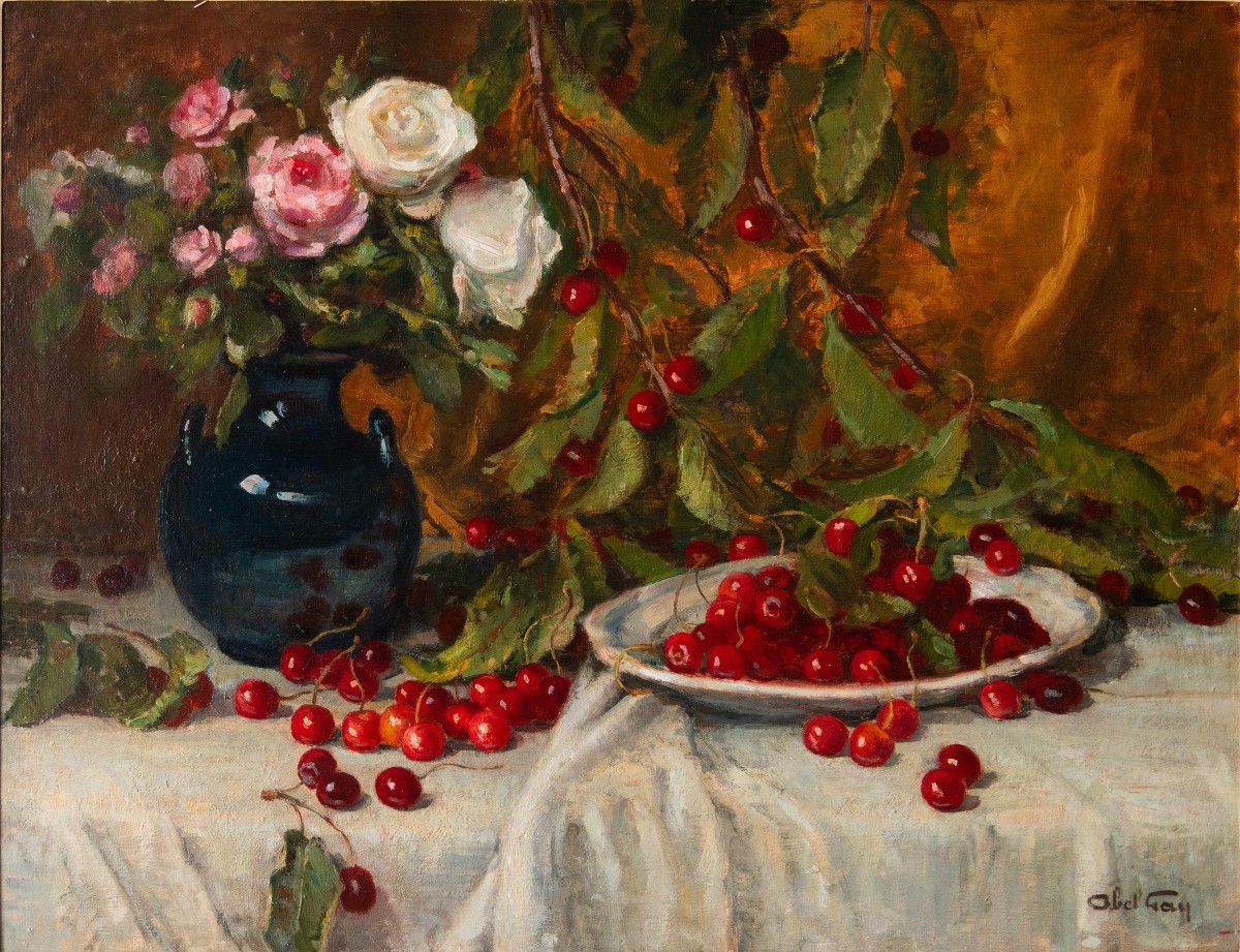 Abel Gay (1877-1961) Still Life With Cherries And A Bouquet Of Roses -photo-2