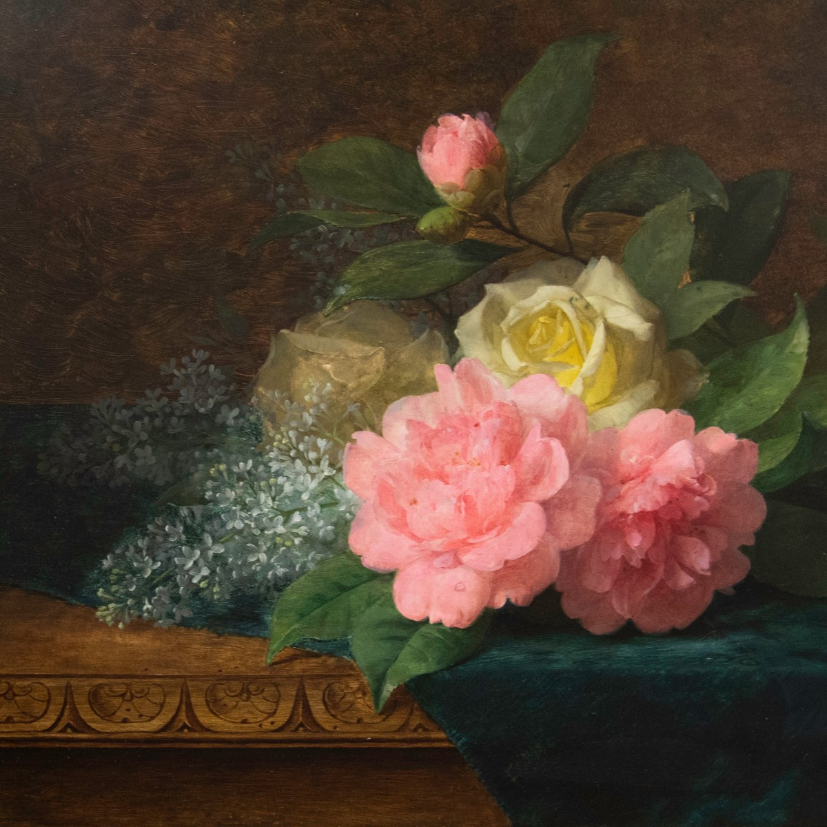 Jules Ferdinand Médard (1855 - 1925) Throw Of Peonies And Roses On Blue Velvet -photo-3