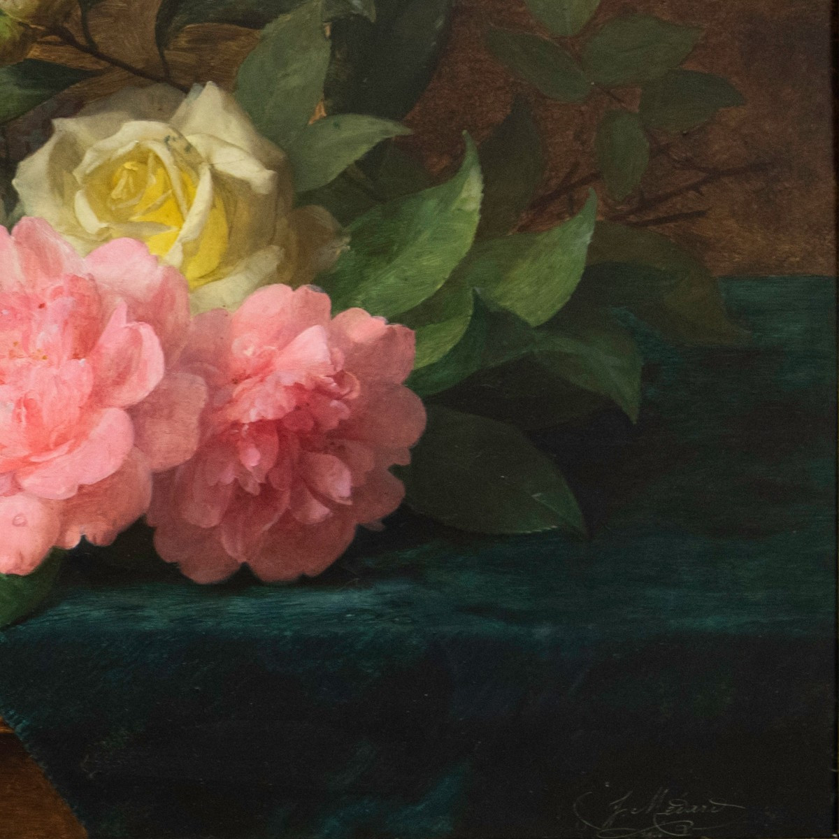 Jules Ferdinand Médard (1855 - 1925) Throw Of Peonies And Roses On Blue Velvet -photo-4