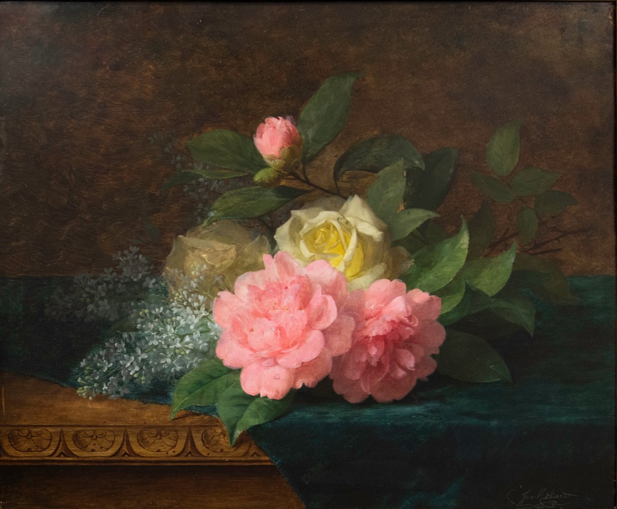 Jules Ferdinand MÉDARD (1855 - 1925) Jeté de pivoines et de roses sur un velours bleu -photo-2