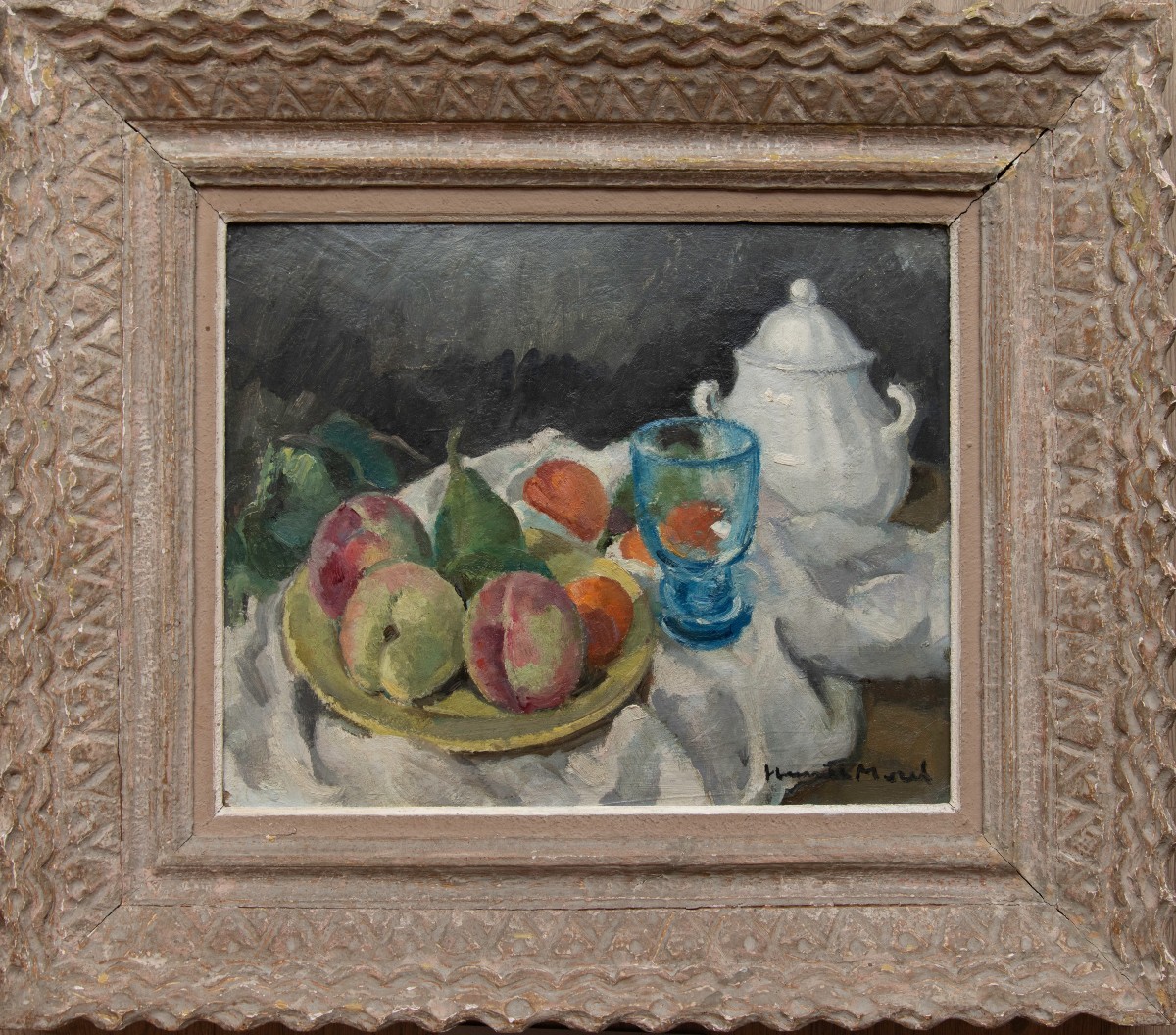 Henriette MOREL (1883–1956) Nature morte avec fruits et sucrier, Cadre Bouche signé 
