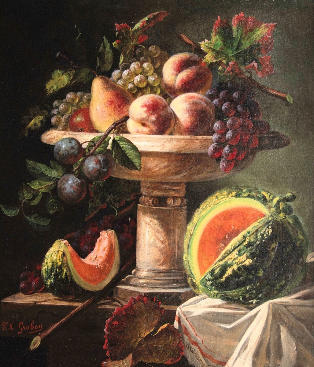 François-Frédéric Grobon (1815-1902), Fruits d’Automne sur Coupe en Marbre-photo-2