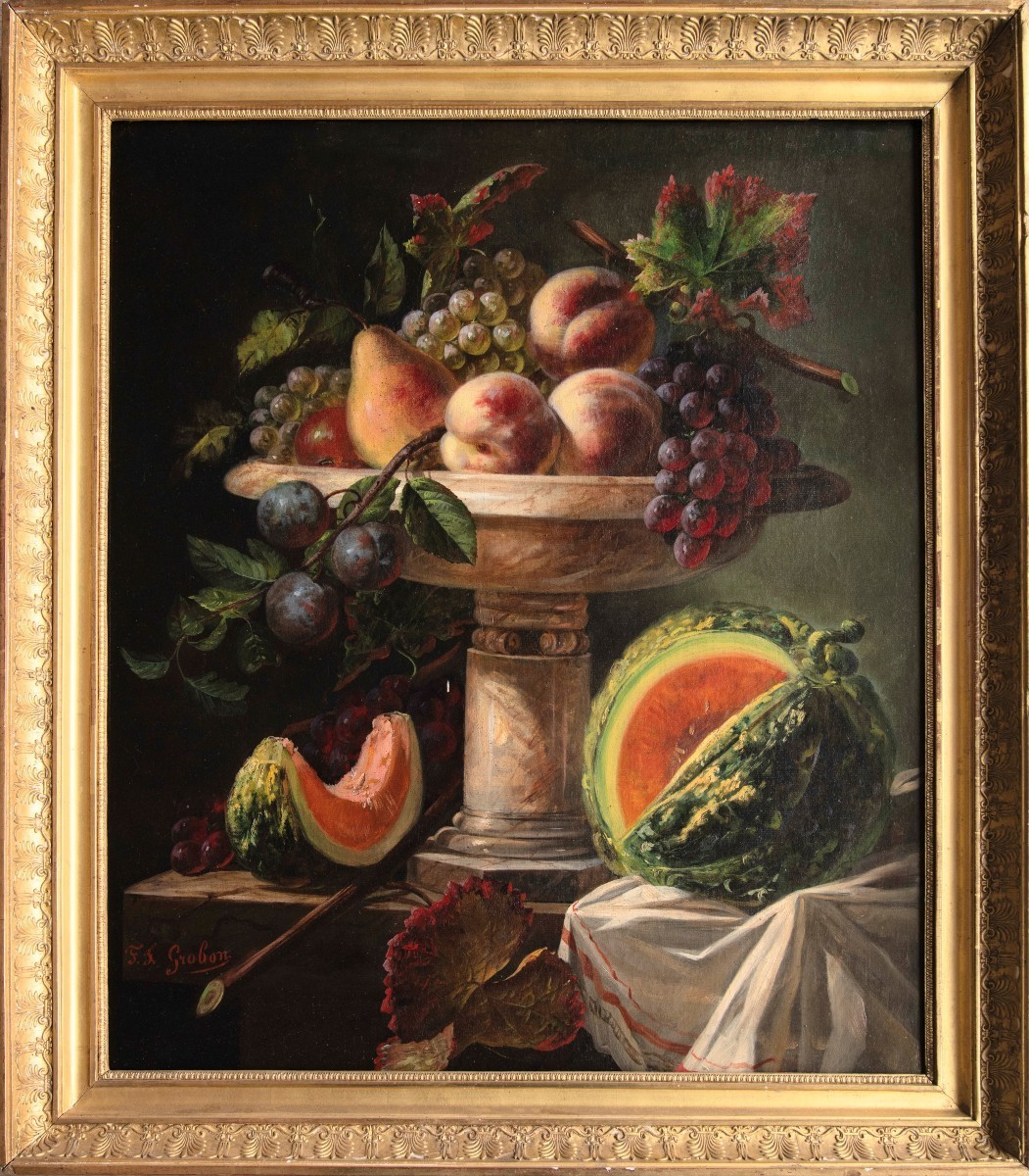 François-Frédéric Grobon (1815-1902), Fruits d’Automne sur Coupe en Marbre