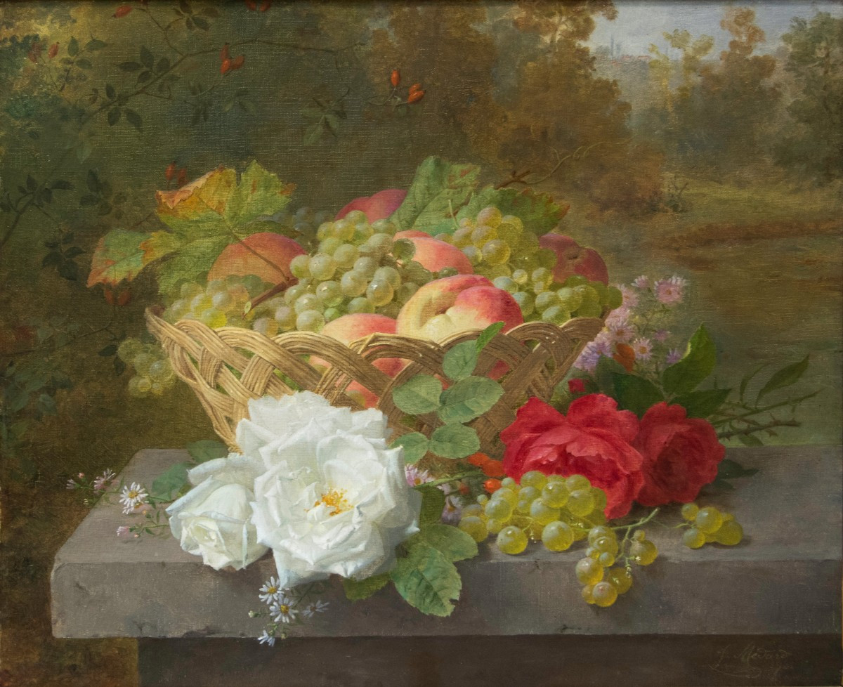 Jules Ferdinand Medard (1855 - 1925) - Woven Basket With Fruit And Flowers