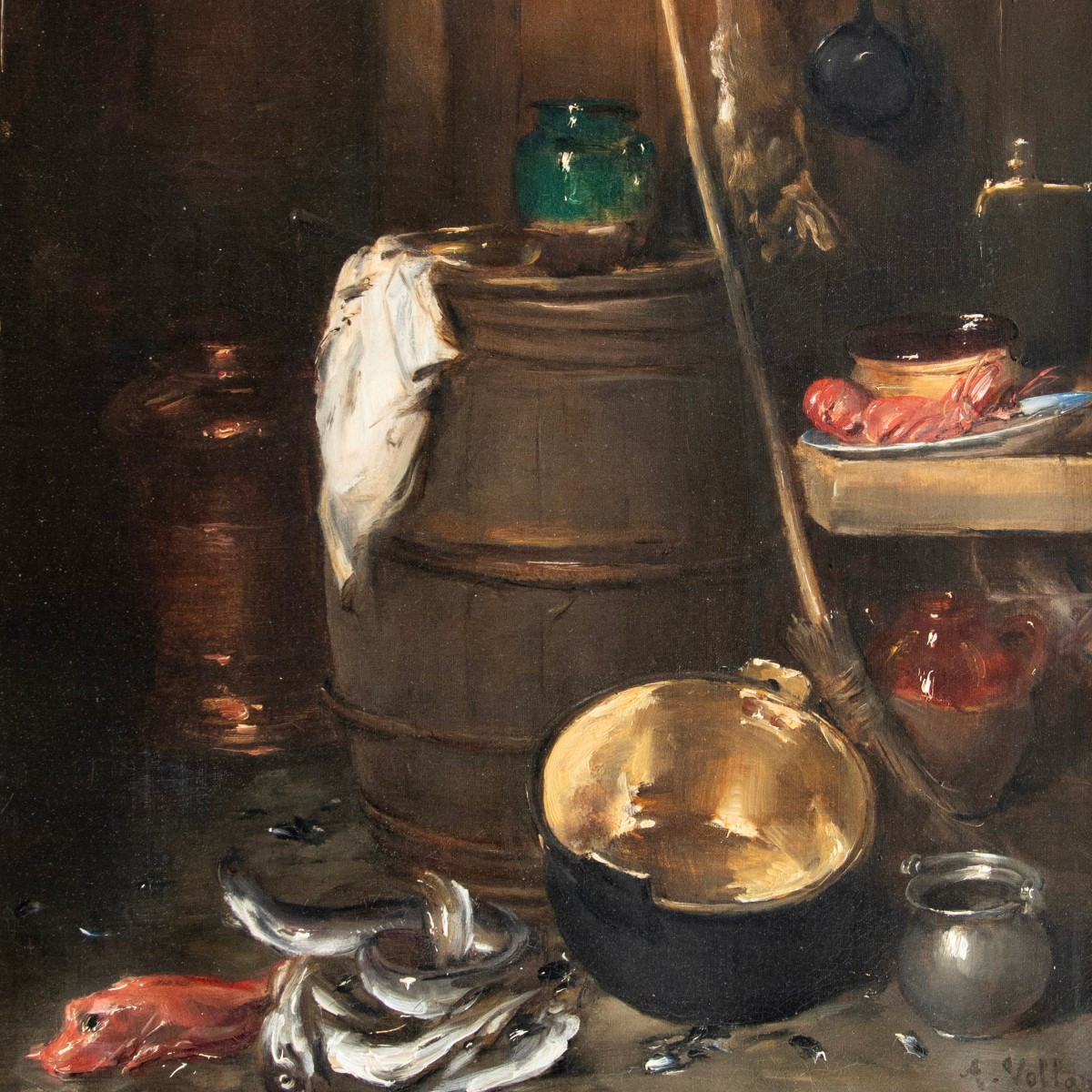 Antoine Vollon (1833 - 1900) Nature morte au tonneau et au cuivre-photo-3