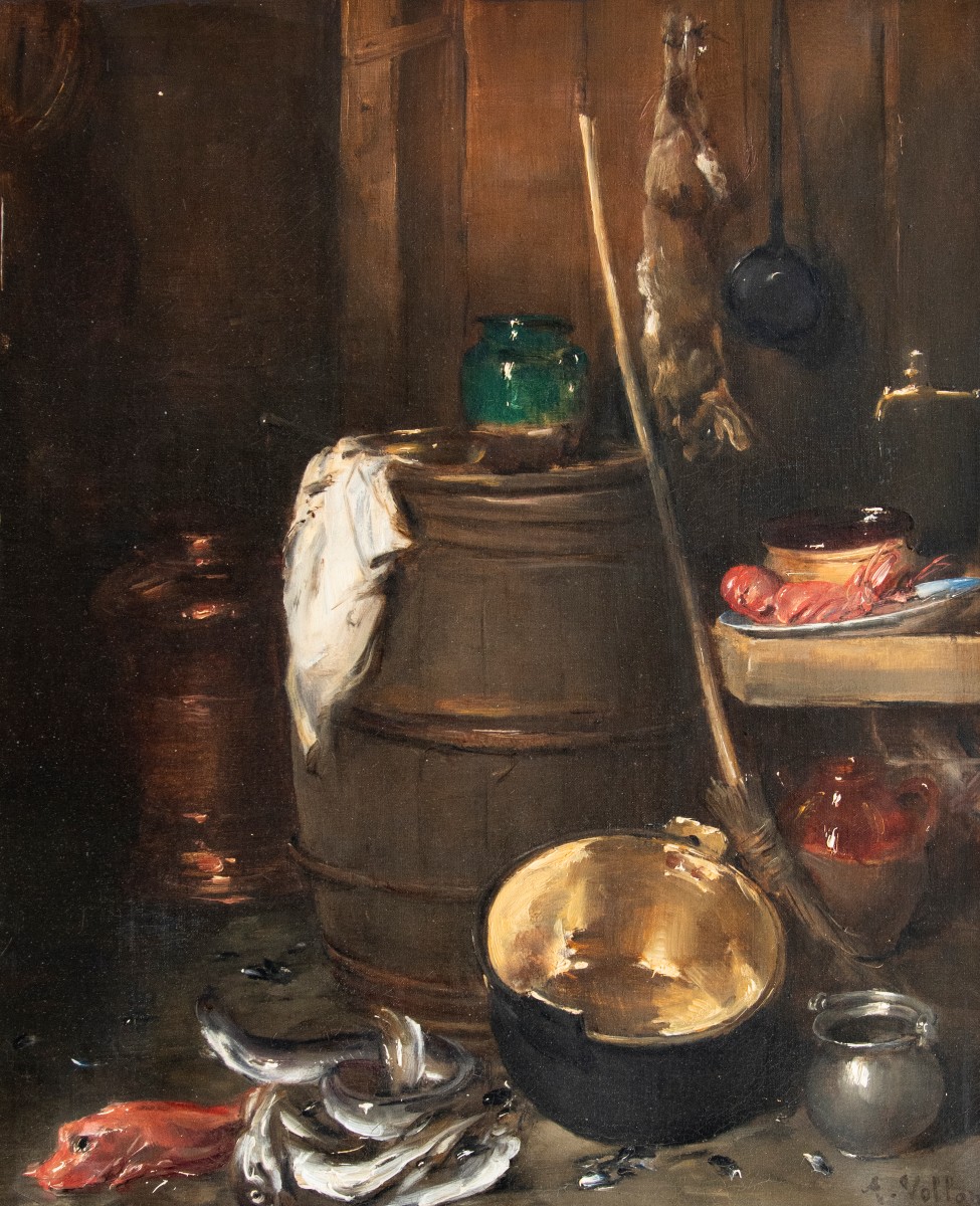 Antoine Vollon (1833 - 1900) Nature morte au tonneau et au cuivre