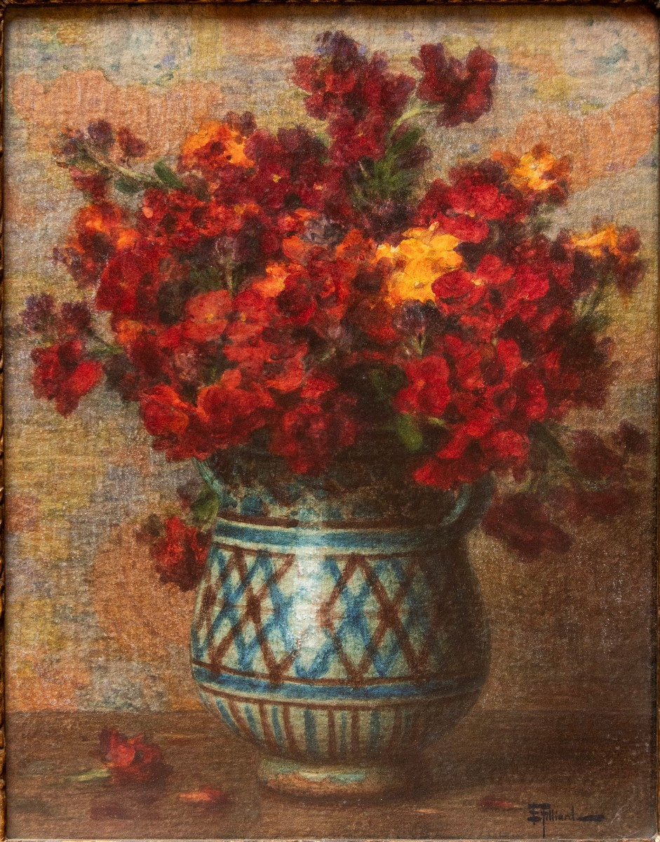 Ernest FILLIARD (1868 – 1933), Roses rouges dans une céramique-photo-2