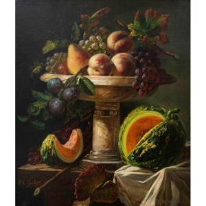 François-frédéric Grobon (1815 - 1902), Still Life With Grapes, Peaches And Pears