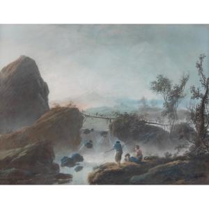 Jean-baptiste Pillement (1728, Lyon - Id., 1808) - Fishermen Near A Waterfall (1780)   