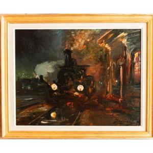 Louis Beysson (1856 - 1912) Locomotive At The Station Lyon-mouche