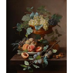 Jean-louis Bonthoux (1828-1875), Still Life With Pomegranate, Peaches, Pears, Plums, Grapes,...