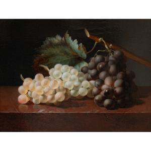 Jean-baptiste Gallet (1820 – 1848), Still Life With Grapes On A Marble Entablature