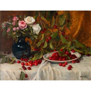 Abel GAY (1877-1961) Nature morte aux cerises et au bouquet de roses 