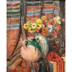 Louis-claude Paviot (1872 - 1943), Still Life With Flowers And A Jug
