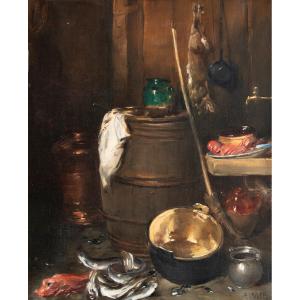 Antoine Vollon (1833 - 1900) Nature morte au tonneau et au cuivre