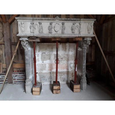 Large Antique Keyed Stone Fireplace