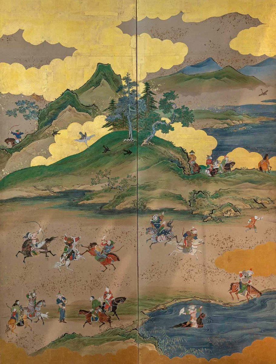 Japan. Rare Screen Of A Hunting Scene 17/18th-photo-3