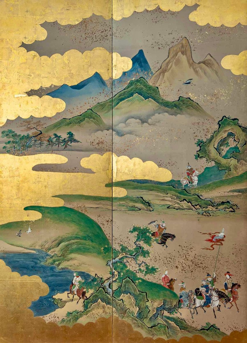 Japan. Rare Screen Of A Hunting Scene 17/18th-photo-4