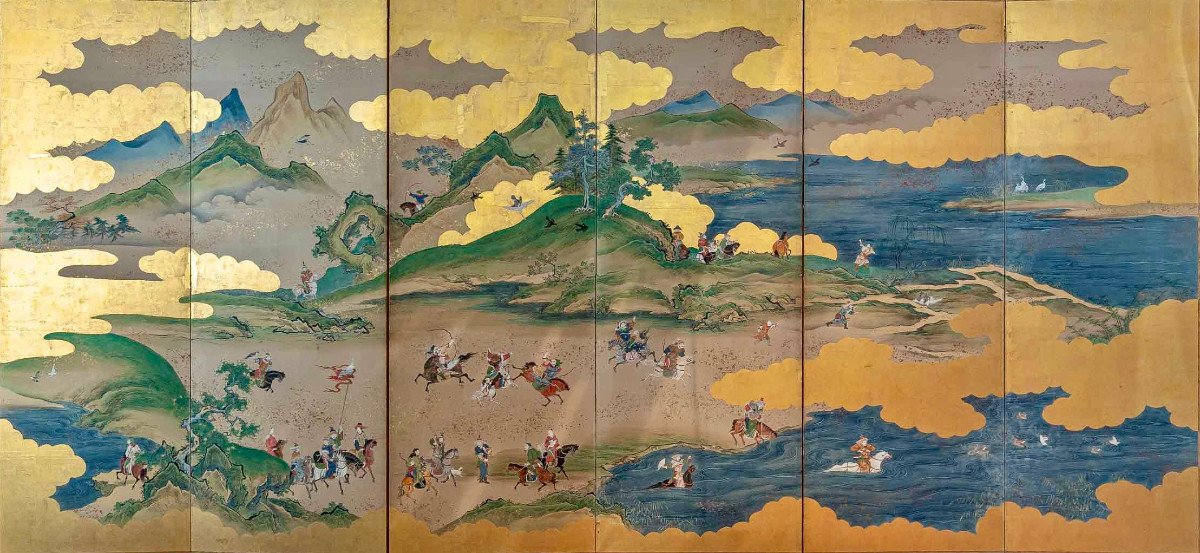 Japan. Rare Screen Of A Hunting Scene 17/18th