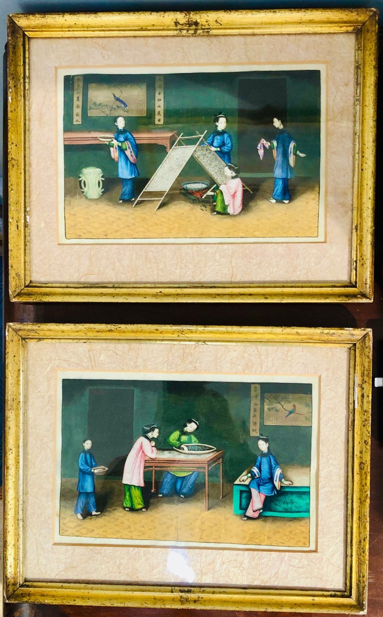 Pair Of Chinese Paintings On Rice Paper - Raising Silkworms