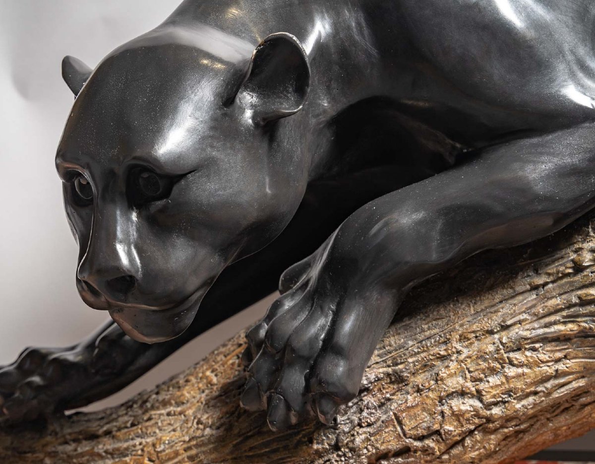 Groupe en bronze d'une panthère sur une branche-photo-4