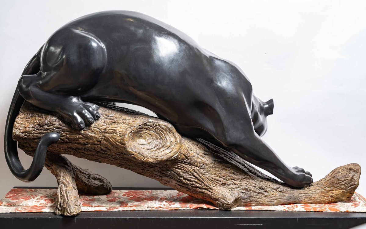 Groupe en bronze d'une panthère sur une branche-photo-2