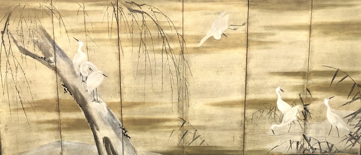 6-panel Japanese Screen - Egrets, Attributed To Kano Sansetsu (1559–1651)