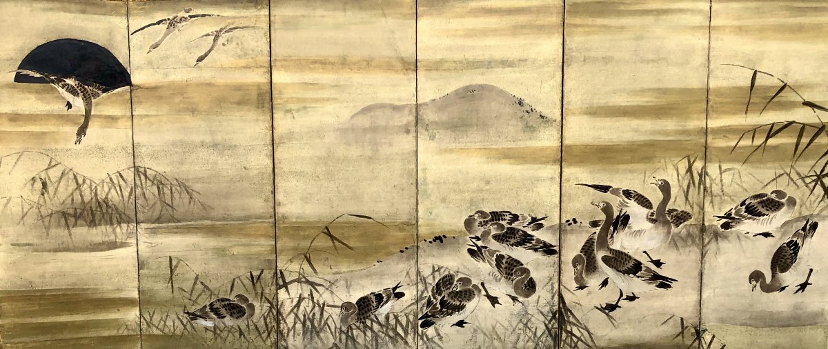 Japanese 6-panel Folding Screen With A Goose Motif, Attributed To Kano Sansetsu (1589–1651)