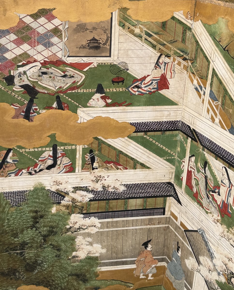 6-panel Japanese Folding Screen - The Tale Of Genji, 17th/18th Century-photo-1