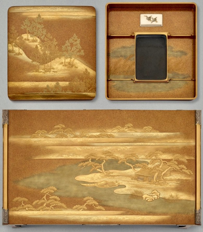 Set japonais en laque or d'une table à écrire (bundai) et son écritoire (suzuri)