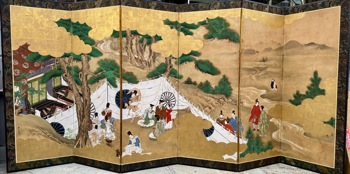 6-panel Japanese Folding Screen - Scene From Daily Life