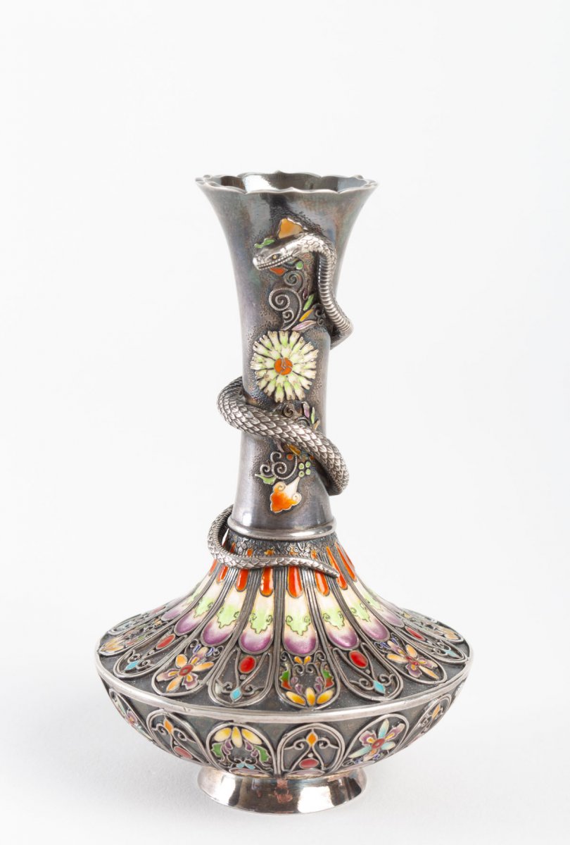 Rare Small Japanese Vase In Silver And Cloisonné Enamels By Mitsu Shige
