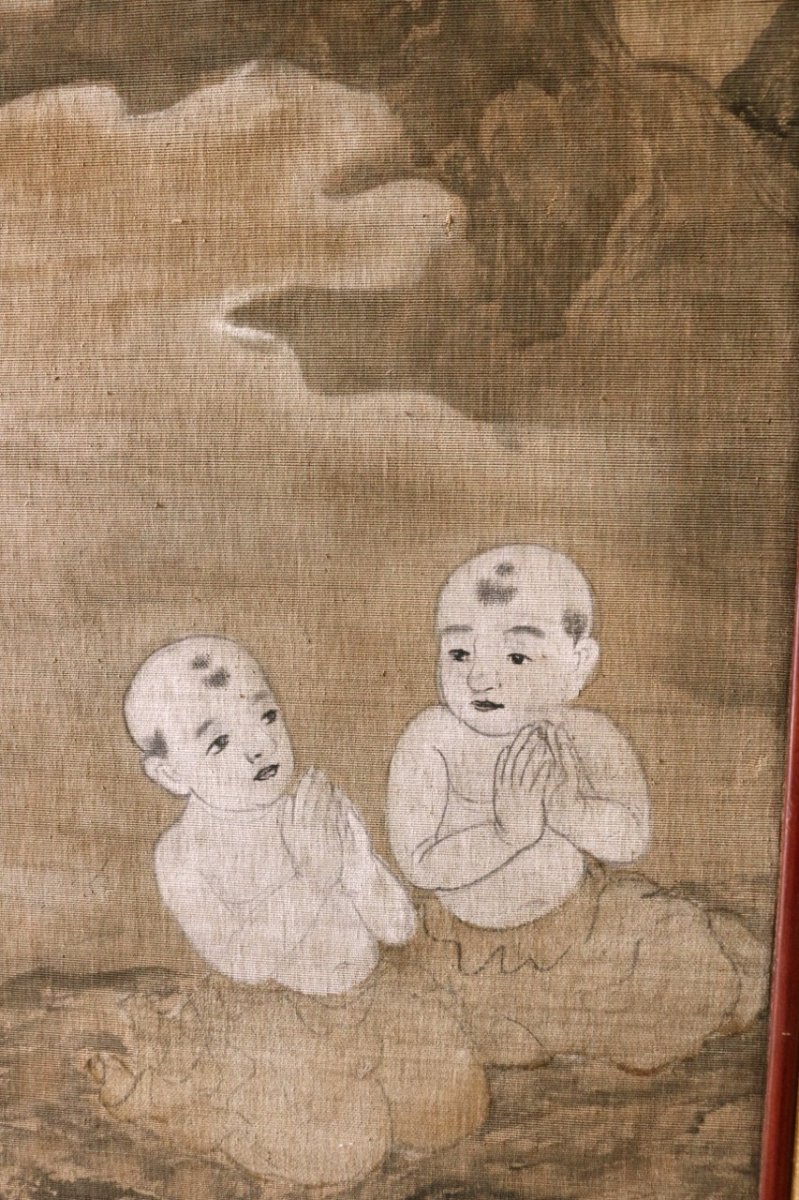 Japanese Buddhist Screen With 4 Panels On Silk-photo-3