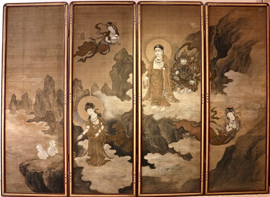 Paravent Bouddhique Japonais à 4 Panneaux Sur Soie