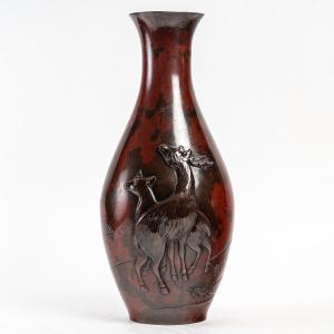 Grand Vase Balustre En Bronze A Patine Brune Et Rouge