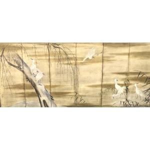 6-panel Japanese Screen - Egrets, Attributed To Kano Sansetsu (1559–1651)