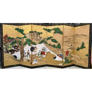 6-panel Japanese Folding Screen - Scene From Daily Life
