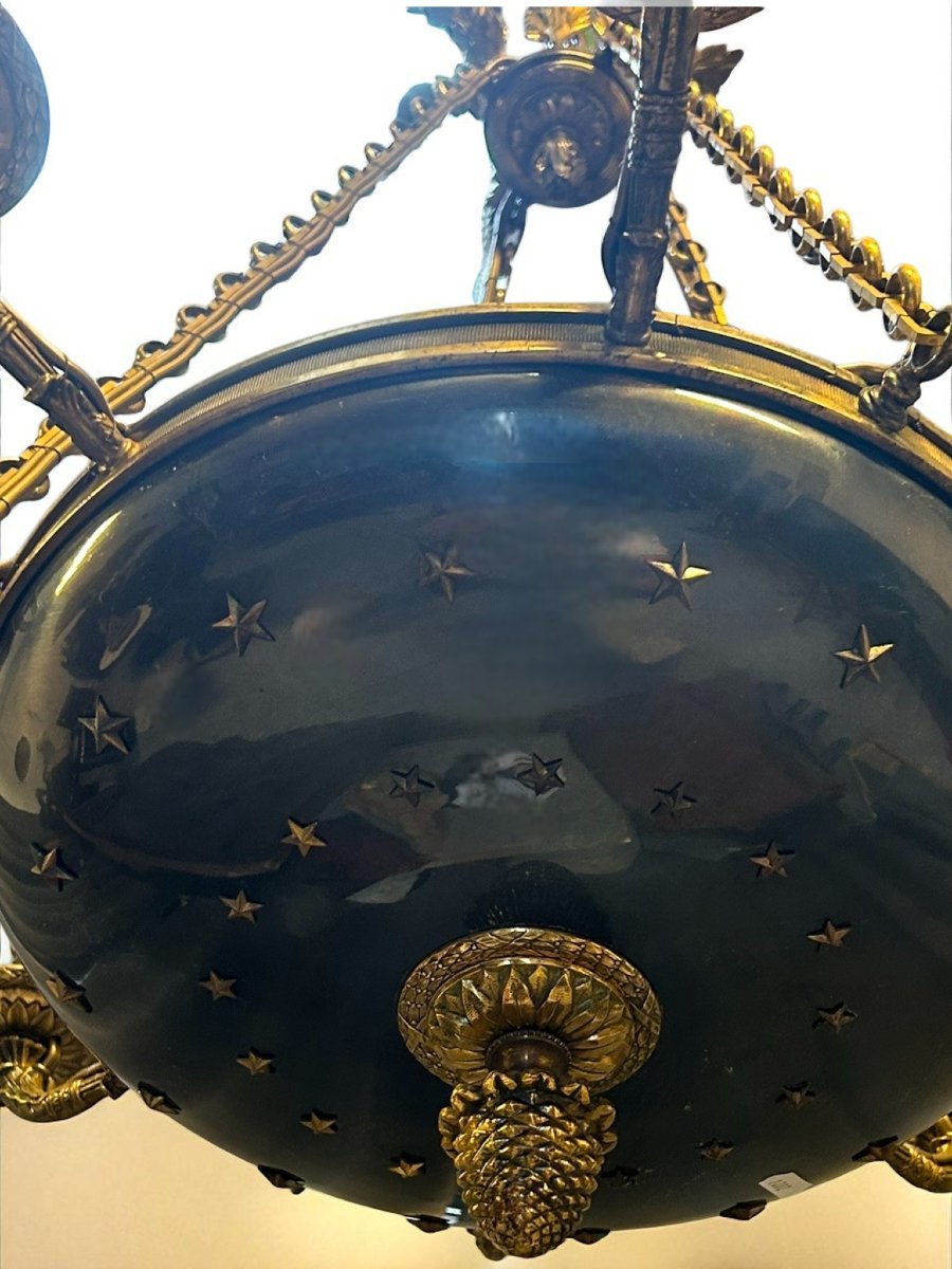 LUSTRE DE STYLE EMPIRE EN BRONZE DORÉ AVEC PLATEAU ÉMAILLÉ-photo-4