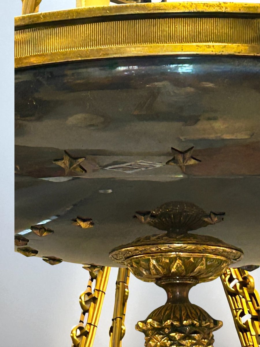 LUSTRE DE STYLE EMPIRE EN BRONZE DORÉ AVEC PLATEAU ÉMAILLÉ-photo-2