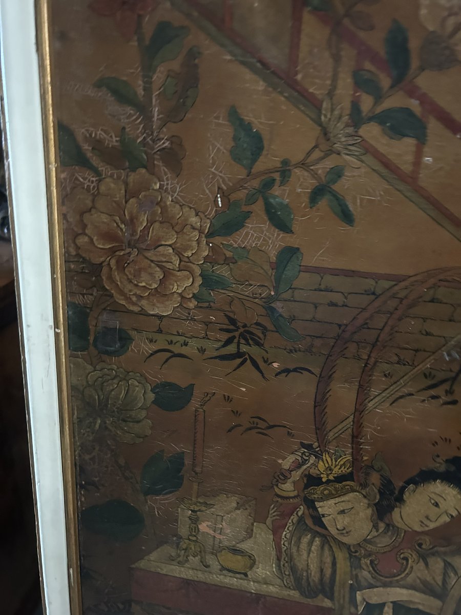 A Pair Of 17th Century Chinoiserie Painted Leather Panels-photo-5