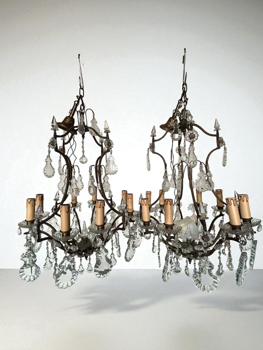 Pair Of Bronze And Crystal Chandeliers With 8 Lights-photo-3
