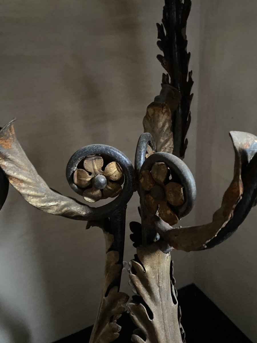 TRÉTEAU EN FER FORGÉ LAQUÉ ET DORÉ AVEC PLATEAU EN MOSAÏQUE-photo-5